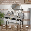 Gray vanity table set with mirror featuring 4 drawers, adjustable lights, and a padded stool for organized storage.