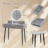 Vanity table set with mirror in gray, featuring adjustable lights, 4 drawers, and a padded stool for stylish storage.