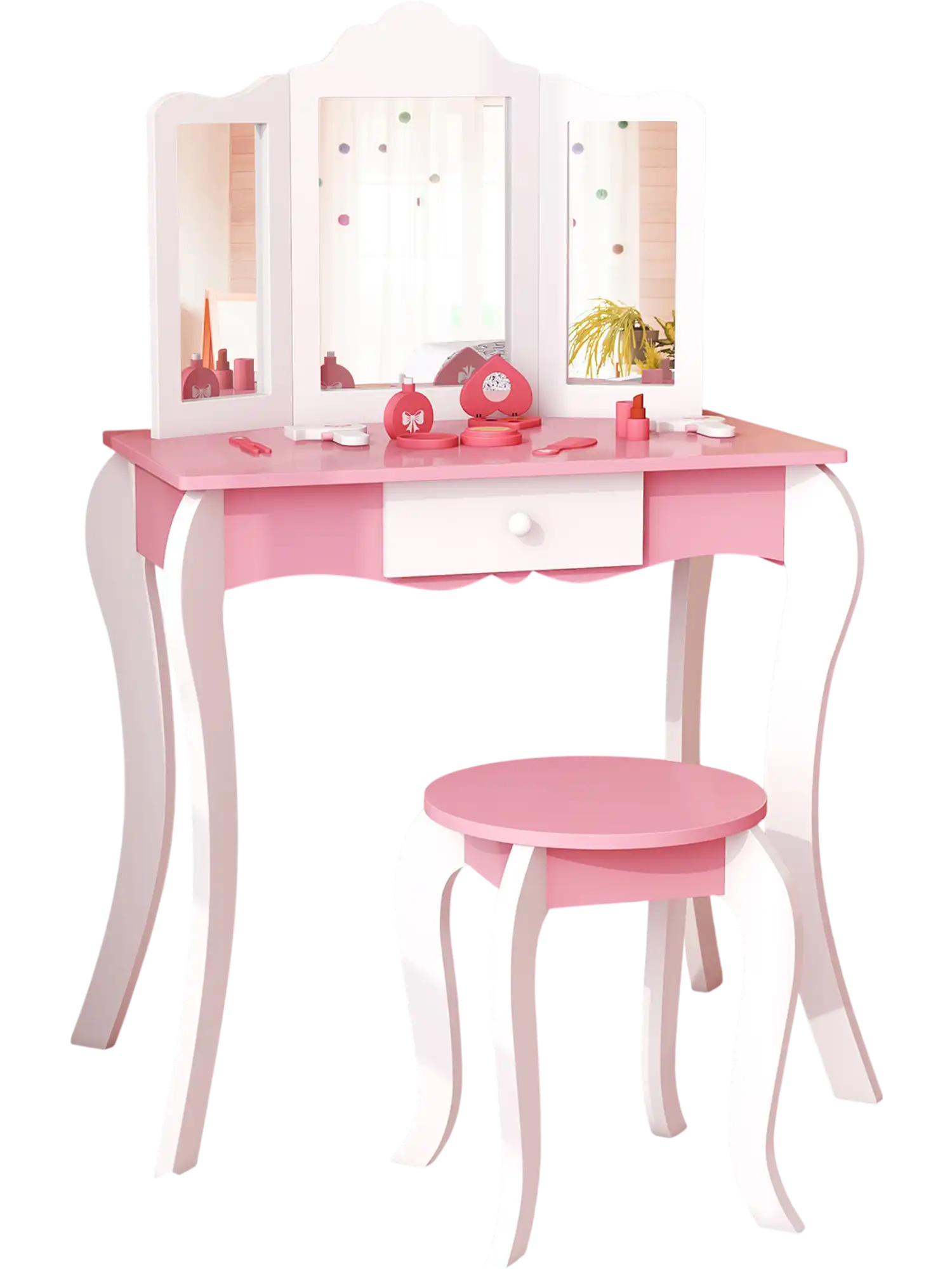 Costway Kids Wooden Vanity Table Stool Set 3-Panel Acrylic Mirror White 63894157 New