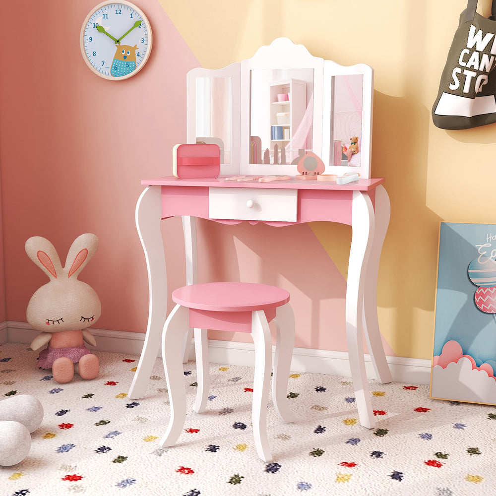 Kid's wooden vanity table and stool set with a 3-panel acrylic mirror, perfect for a safe and stylish bedroom setup.