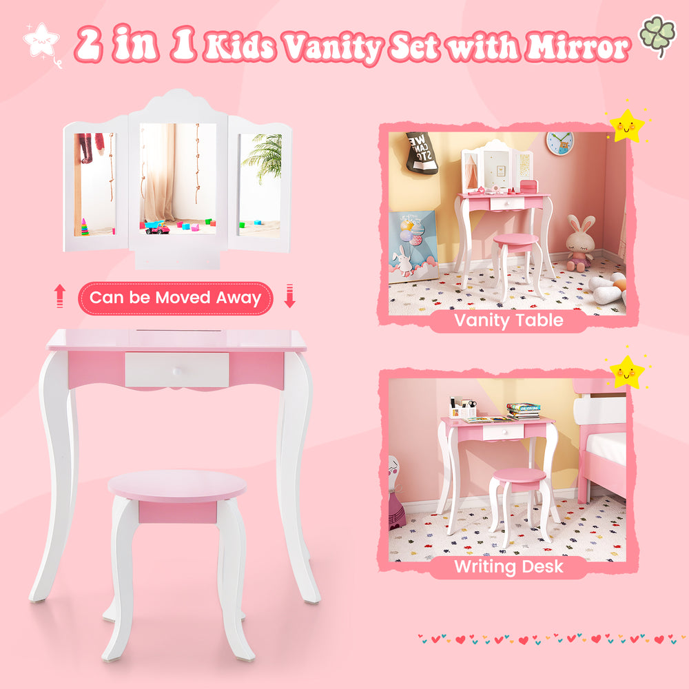 Kids wooden vanity table set with 3-panel acrylic mirror, pull-out drawer, and sturdy legs for safe bedroom use.