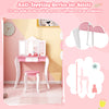Kid's wooden vanity table set in white with a 3-panel acrylic mirror, featuring an anti-toppling device for safety.