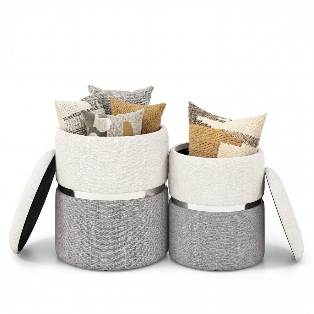 Stackable gray velvet and linen storage ottoman set of 2 with gold stainless steel ring, ideal for living room or.