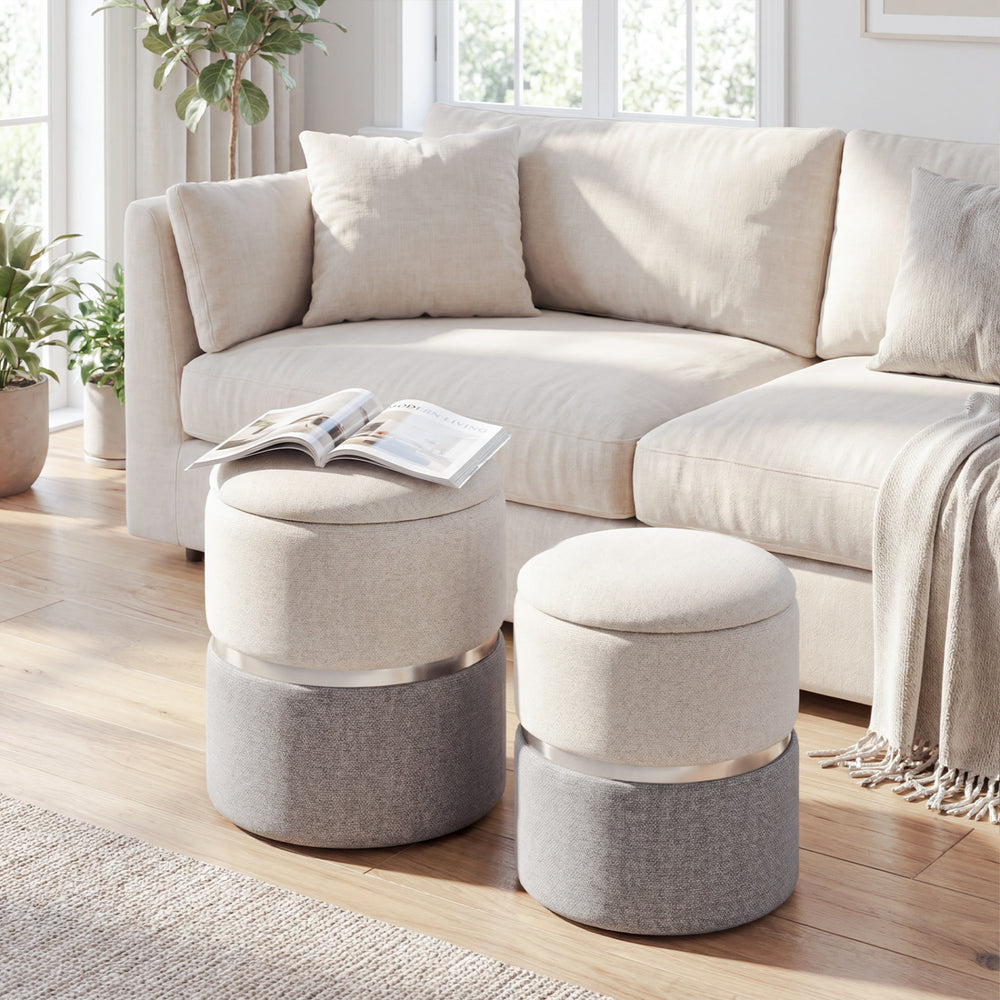 Velvet/Linen Fabric Storage Ottoman Set of 2-Gray - Gallery View 1 of 8