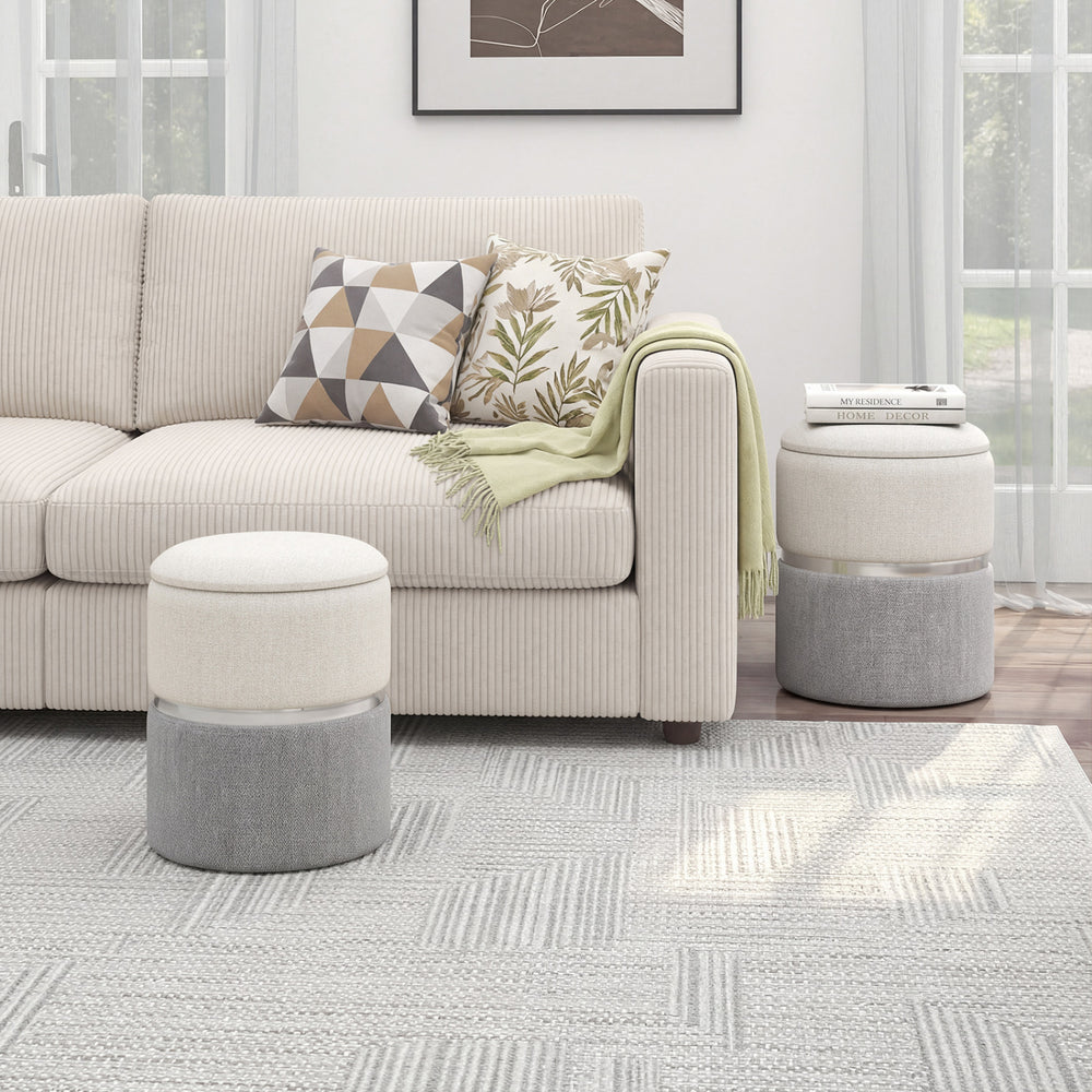 Stackable gray velvet and linen storage ottoman set of 2, versatile for seating or side tables in modern living spaces.
