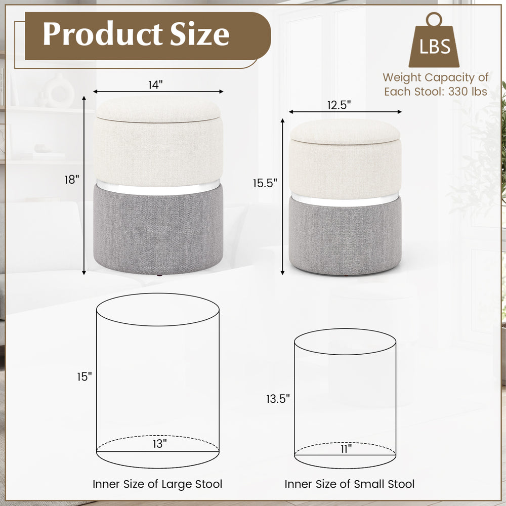 Stackable gray velvet/linen storage ottoman set of 2 with gold stainless steel ring, ideal for living room or bedroom.