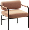 Velvet upholstered accent chair with cylindrical backrest and metal armrests, perfect for living room or home office.