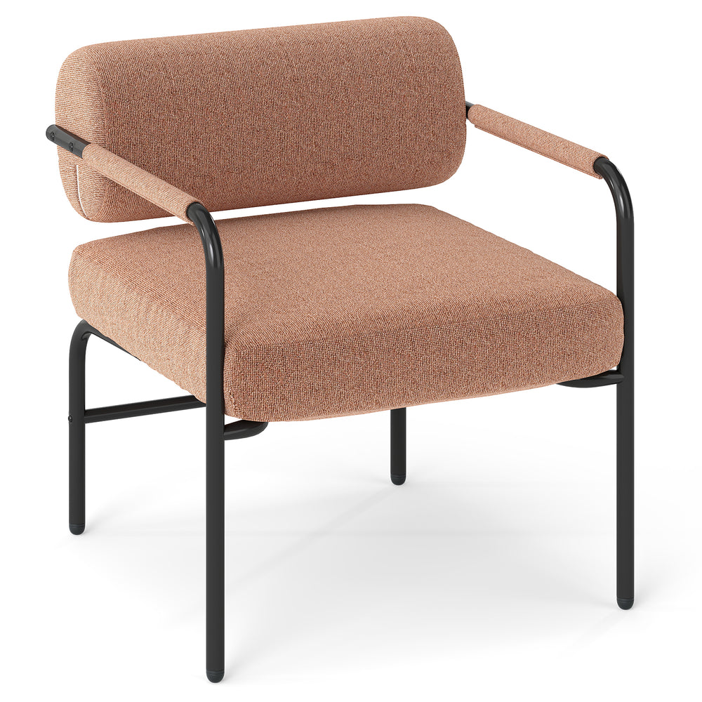 Velvet upholstered accent chair in brown with cylindrical backrest and metal armrests, ideal for living room comfort.