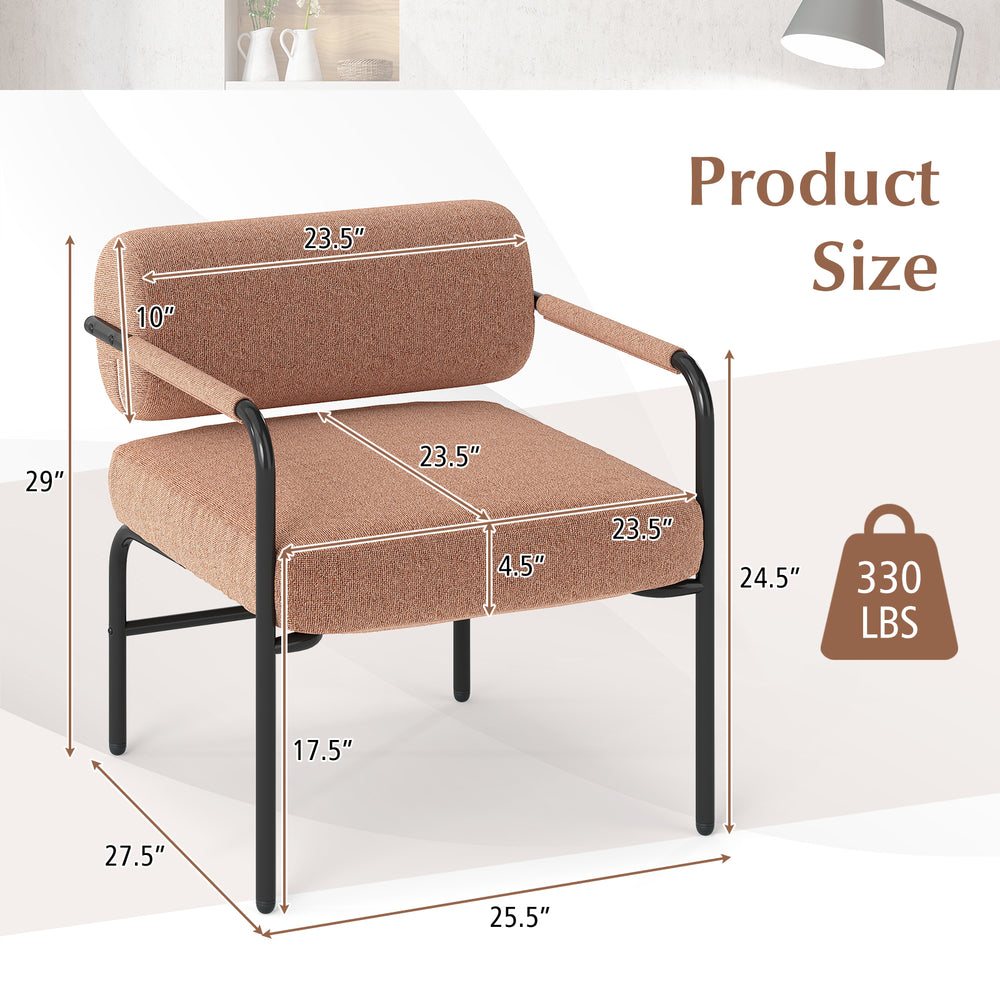 Brown velvet upholstered accent chair with cylindrical backrest, metal armrests, and dimensions for living room comfort.