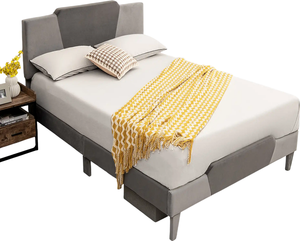 Full size velvet upholstered bed frame with high headboard, featuring a modern design and strong support slats.