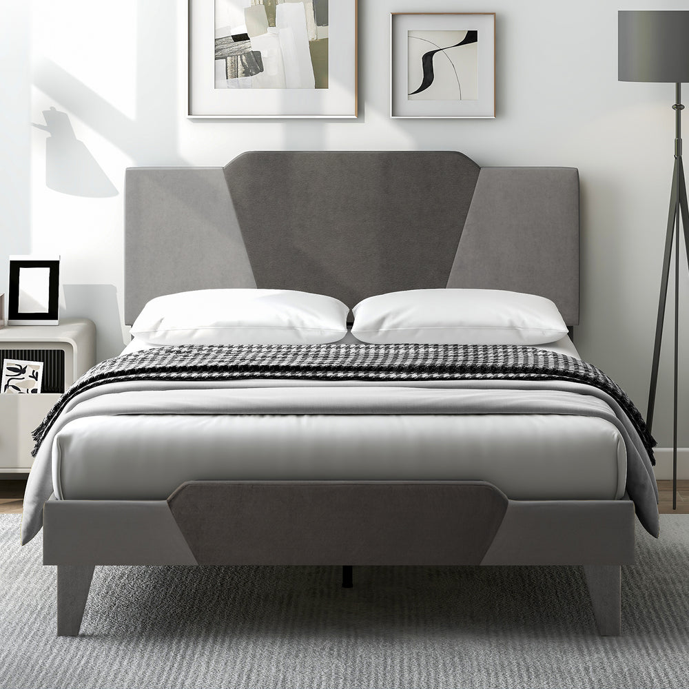 Full size velvet upholstered bed frame with high headboard, featuring a modern design and sturdy support slats.