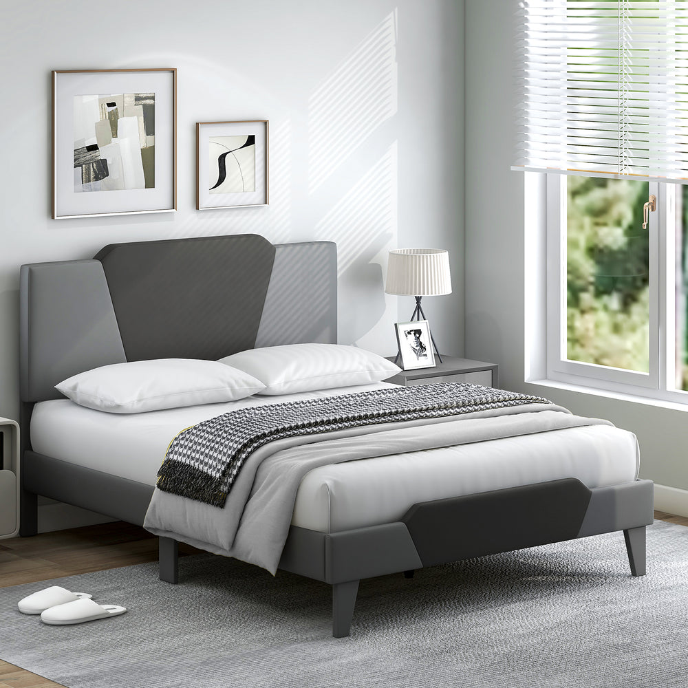 Full size velvet upholstered bed frame with high headboard, featuring a modern design and sturdy metal support.