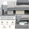 Full size velvet upholstered bed frame with high headboard, featuring under-bed storage and space for a sweeper to pass.