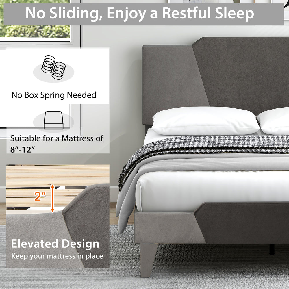 Full size velvet upholstered bed frame with high headboard, featuring an elevated design to keep your mattress in place.
