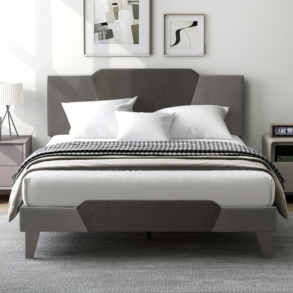 Full/Queen/Twin Velvet Upholstered Bed Frame with High Headboard-Queen Size - Gallery View 1 of 15