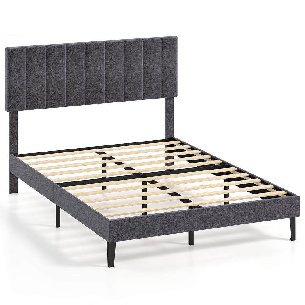 Full-size velvet upholstered platform bed with adjustable headboard and wooden slats for optimal support and comfort.