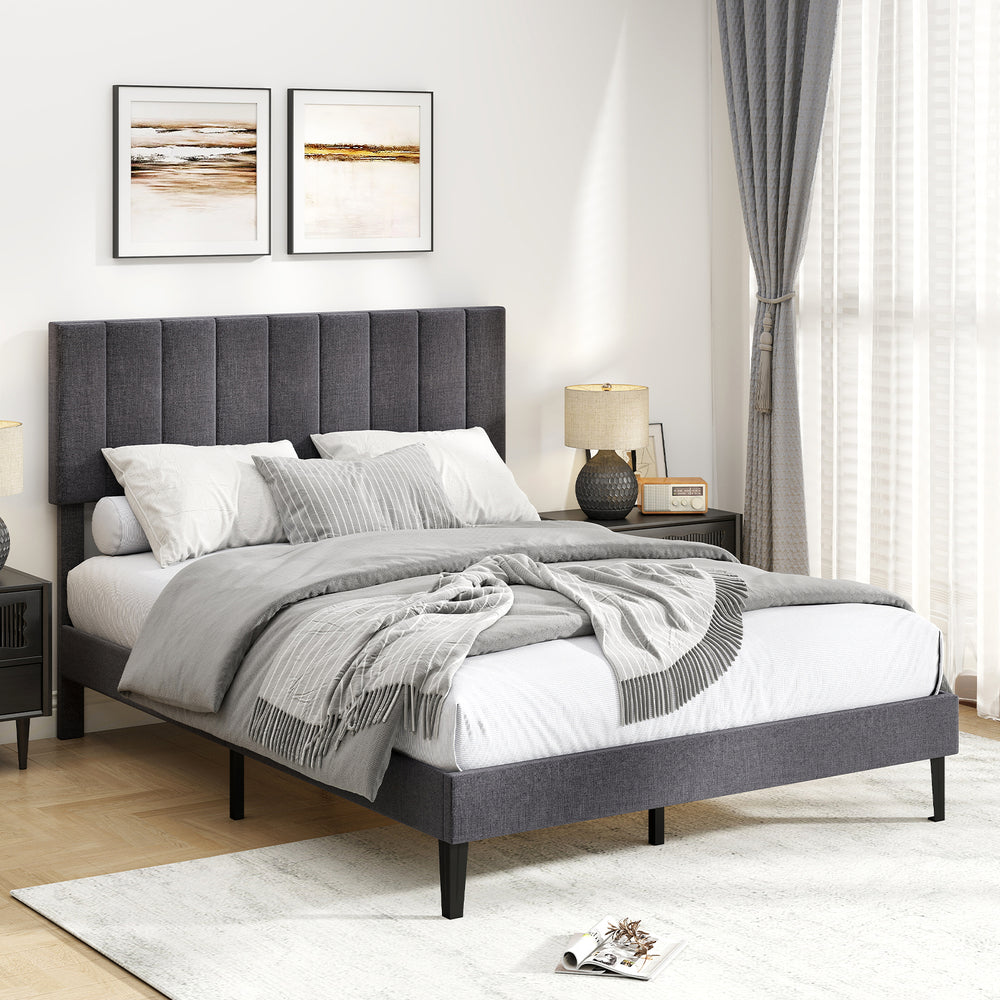 Full view of the velvet upholstered platform bed with adjustable headboard, featuring a sleek design and ample.