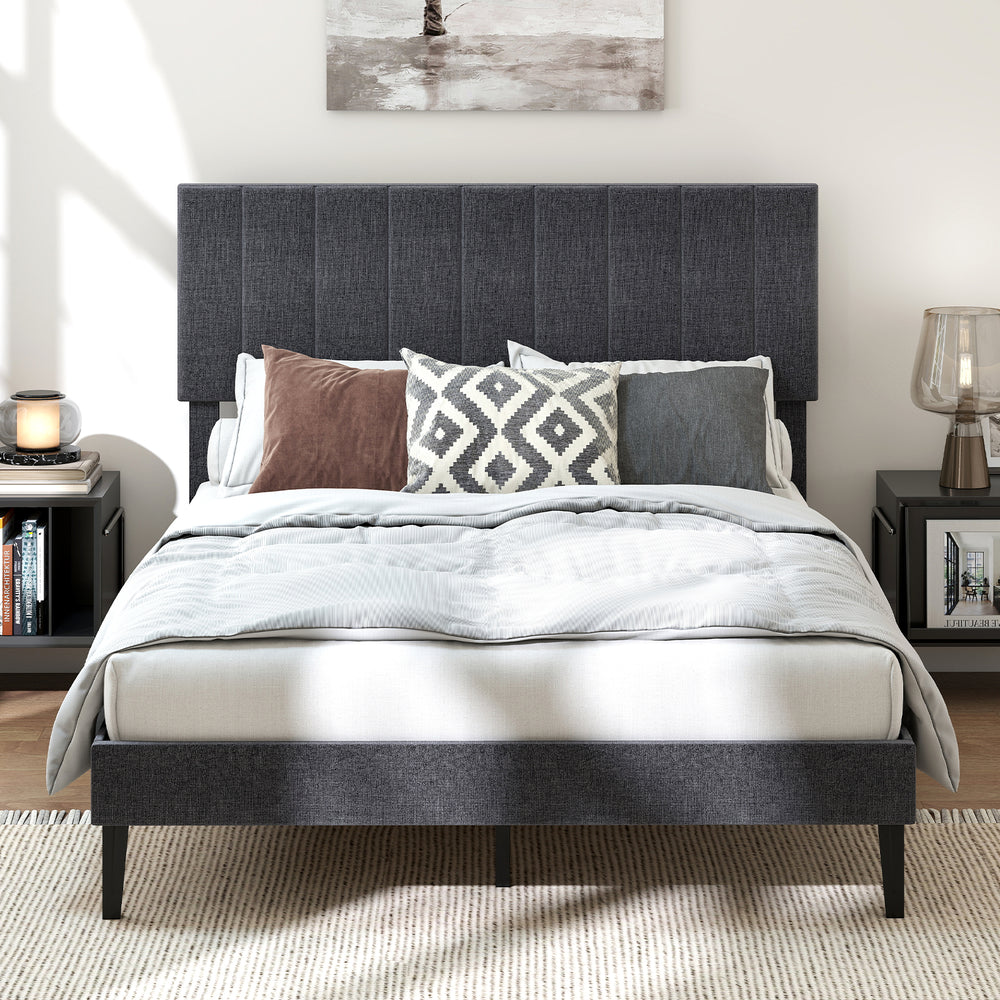 Full-size velvet upholstered platform bed with adjustable vertical channel headboard and elegant design for optimal.
