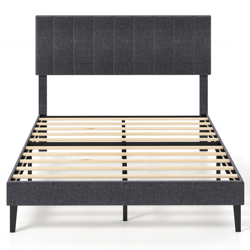 Full-size velvet upholstered platform bed with adjustable vertical channel headboard and sturdy wooden slats for.