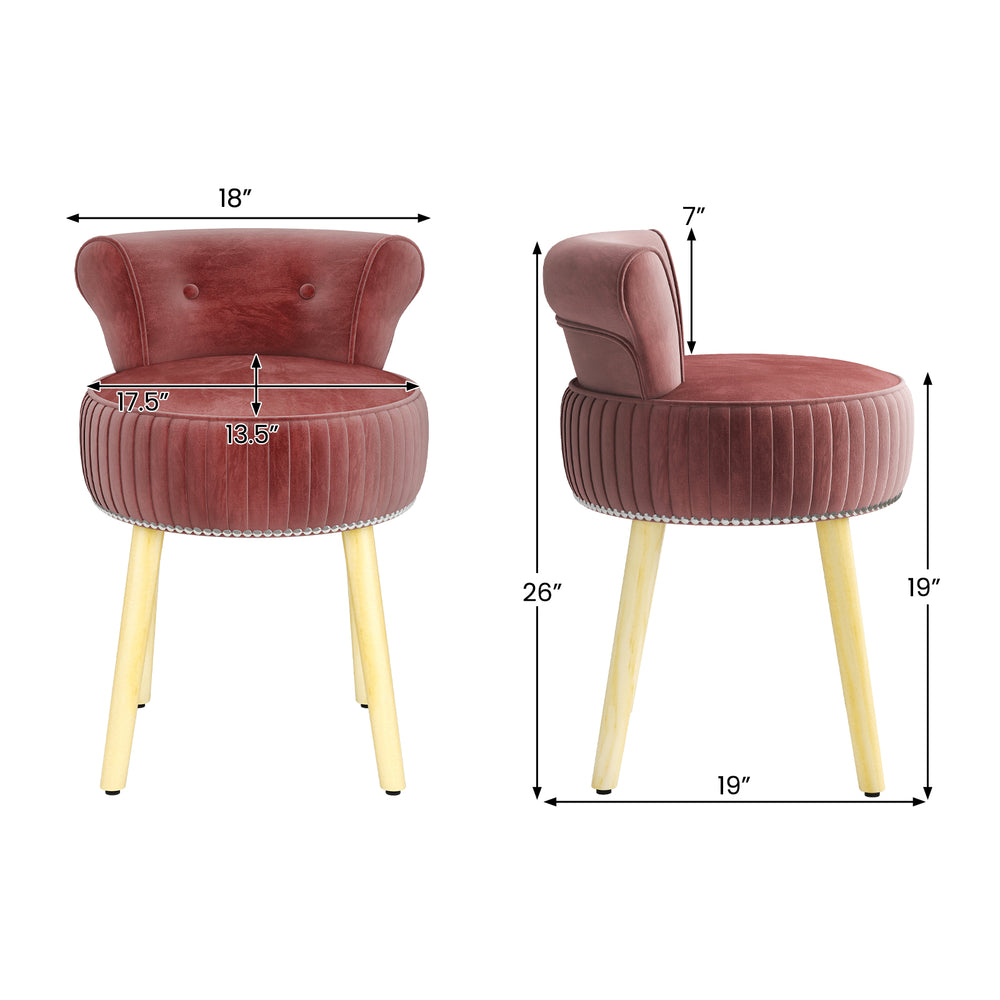 Side view of the pink velvet vanity chair with tufted low back, showcasing its elegant design and sturdy wooden legs.