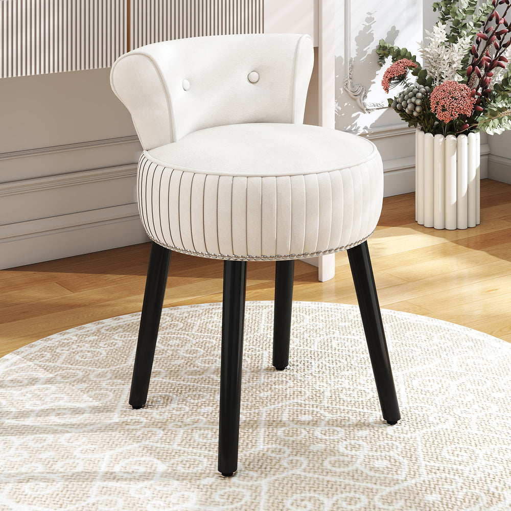 Velvet Vanity Chair with Back Upholstered Vanity Stool with Tufted Low Back and Solid Wood Legs-White - Gallery View 1 of 10