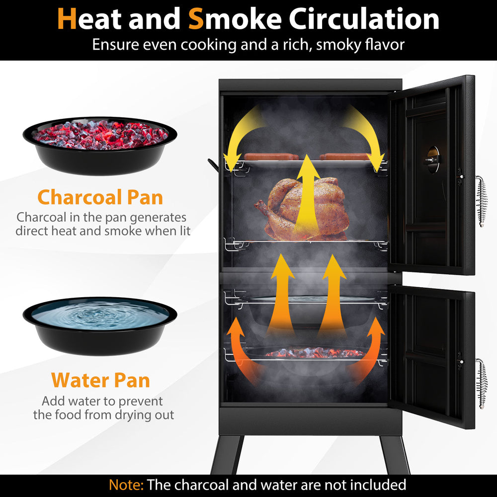 Vertical 2-tier outdoor barbeque grill with charcoal and water pans for even cooking and rich smoky flavor.