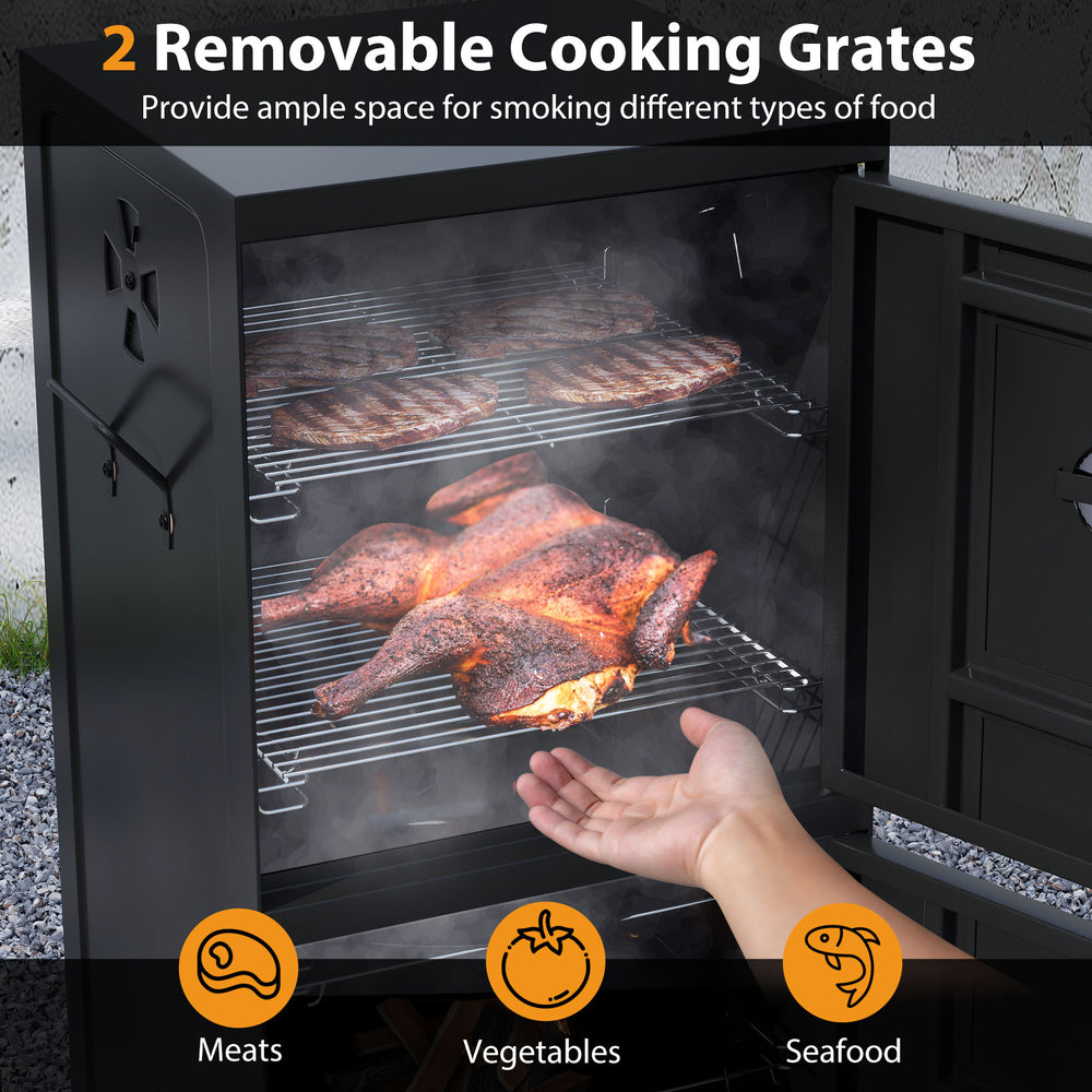 Vertical 2-tier outdoor barbeque grill with removable cooking grates for smoking meats, vegetables, and seafood.
