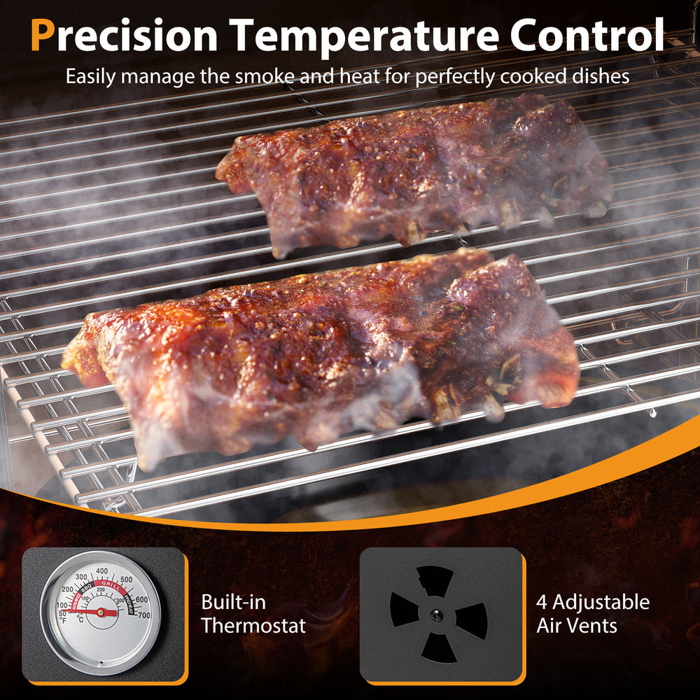 Vertical 2-tier outdoor barbeque grill with temperature gauge, featuring 2 cooking grates and adjustable air vents for.