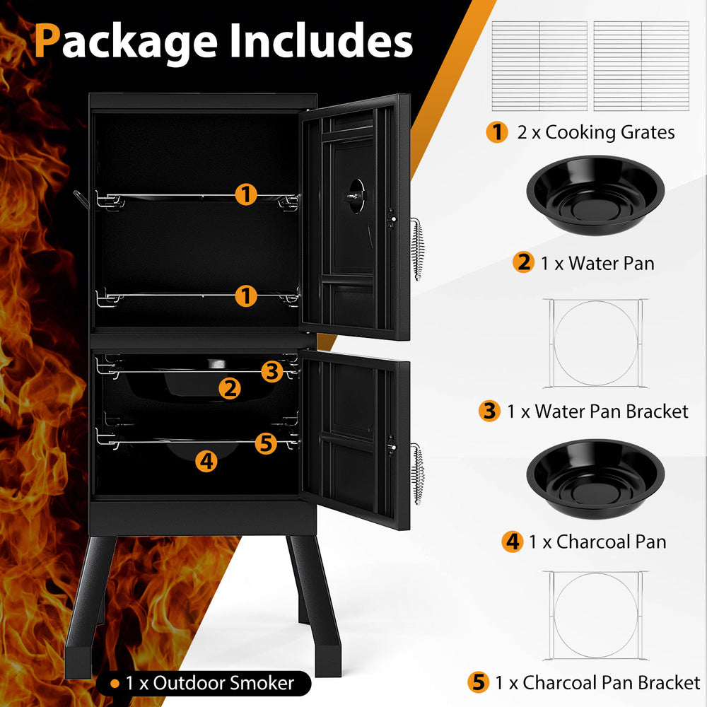 Vertical outdoor barbeque grill with two cooking grates, temperature gauge, and separate doors for easy access to.
