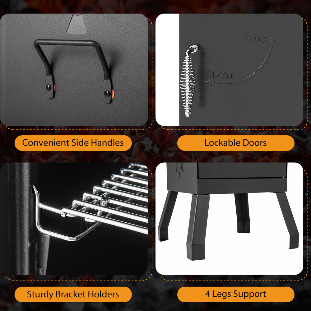 Vertical 2-tier outdoor barbeque grill with lockable doors, sturdy bracket holders, and convenient side handles for.