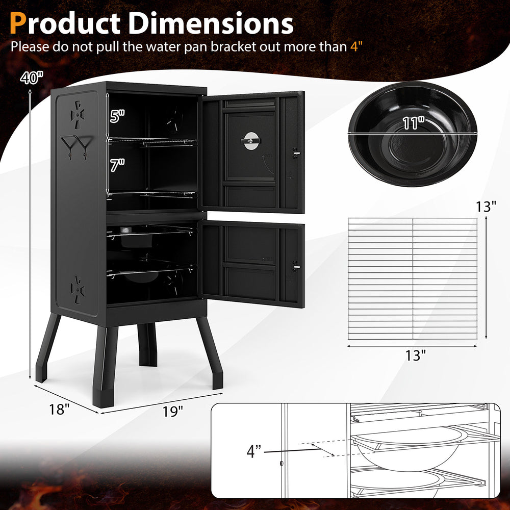 Vertical outdoor barbeque grill dimensions showing 40" height, 19" width, and 13" water pan for optimal cooking space.