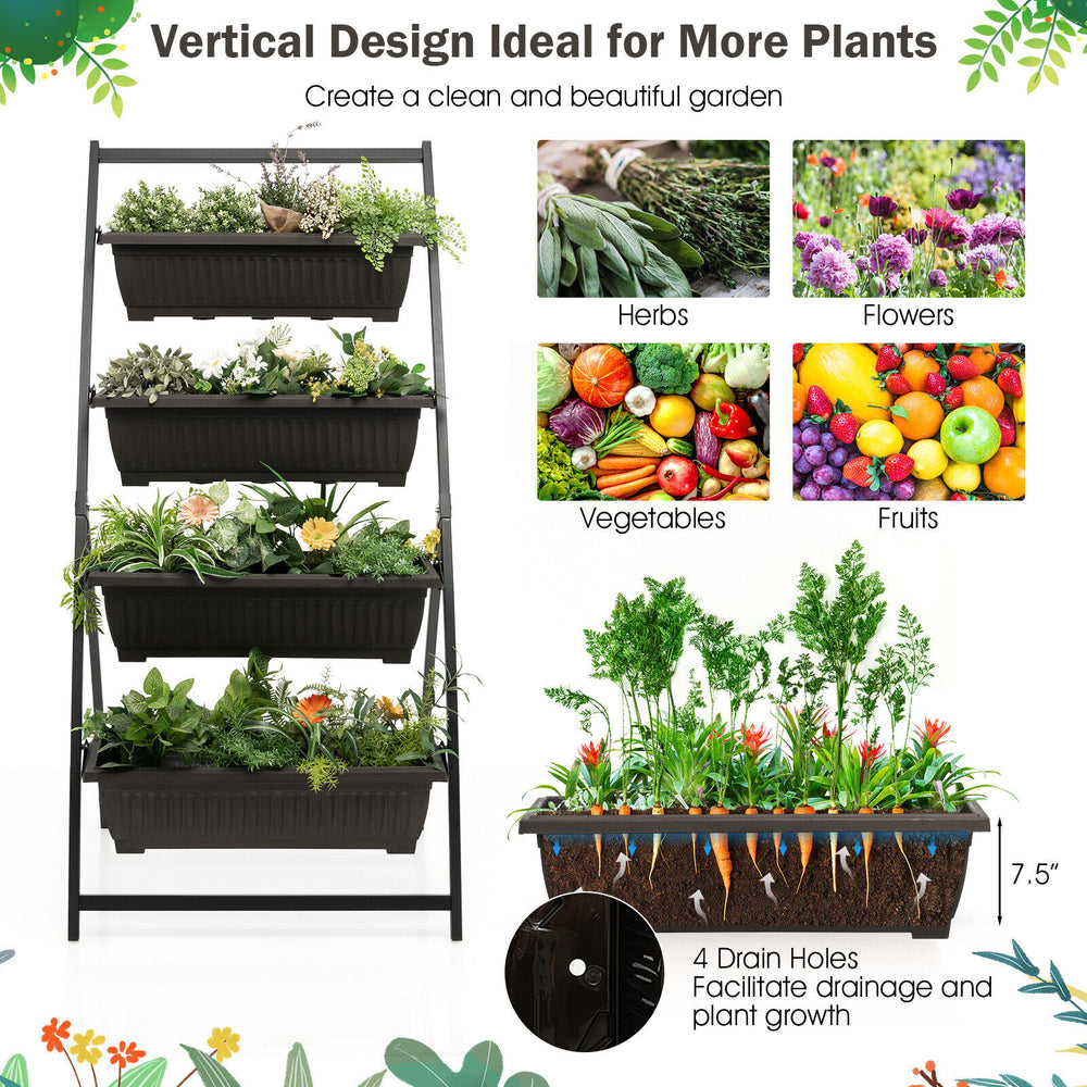 4-tier vertical raised garden bed with 4 detachable containers and drainage holes for herbs, flowers, and vegetables.