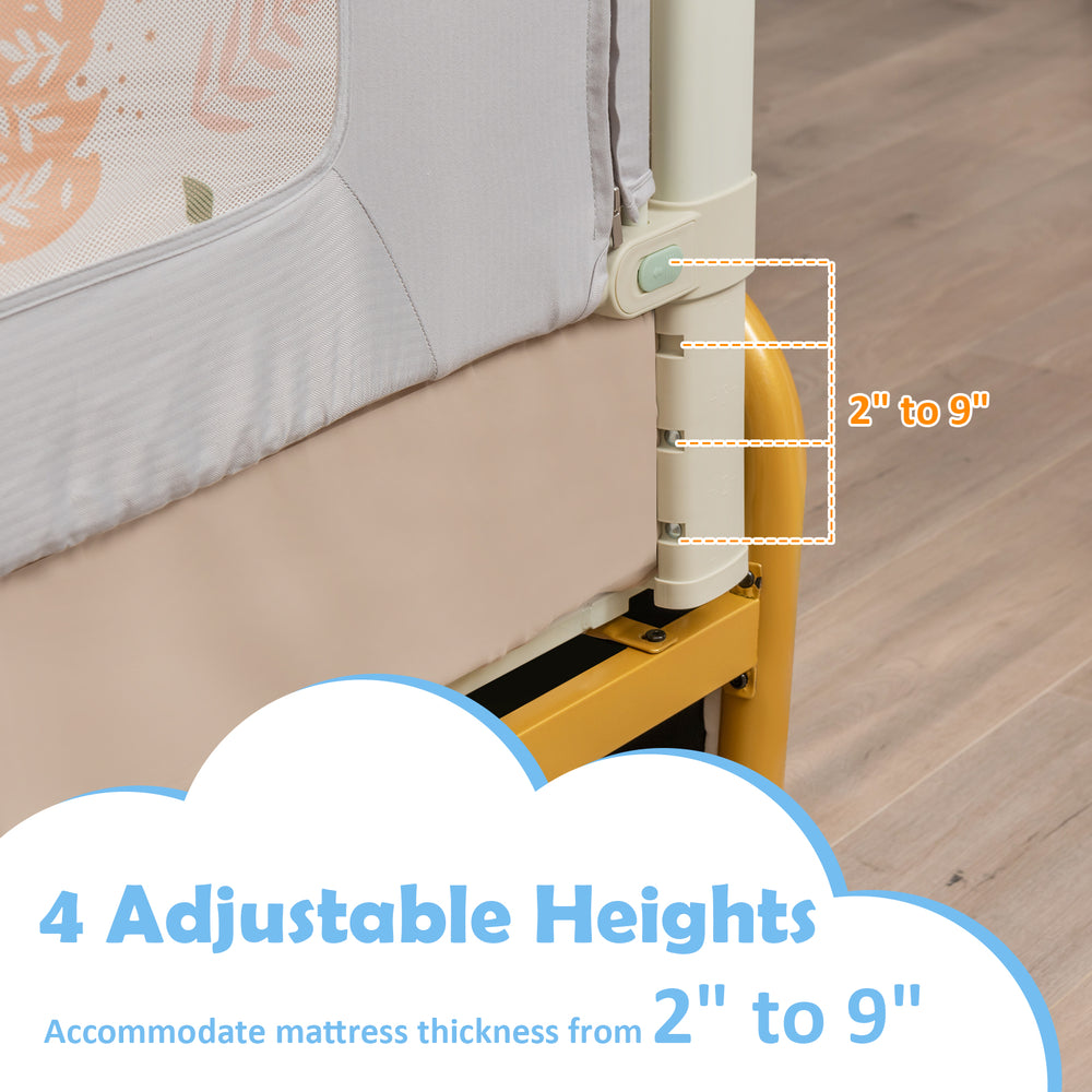 Vertical lifting bed rail for toddlers with 4 adjustable heights, accommodating mattress thickness from 2" to 9".