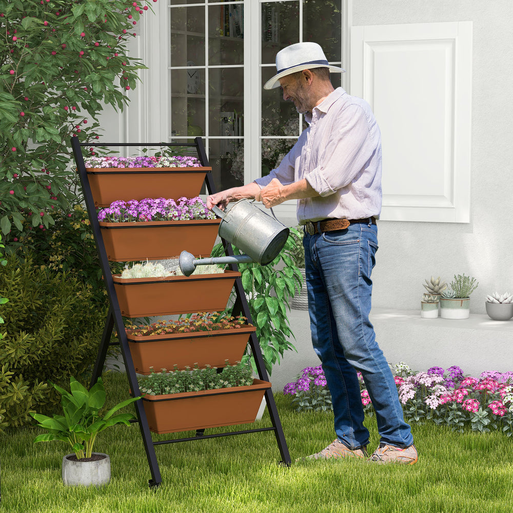 5-tier vertical raised garden bed with wheels, featuring durable brown planter boxes for indoor or outdoor gardening.