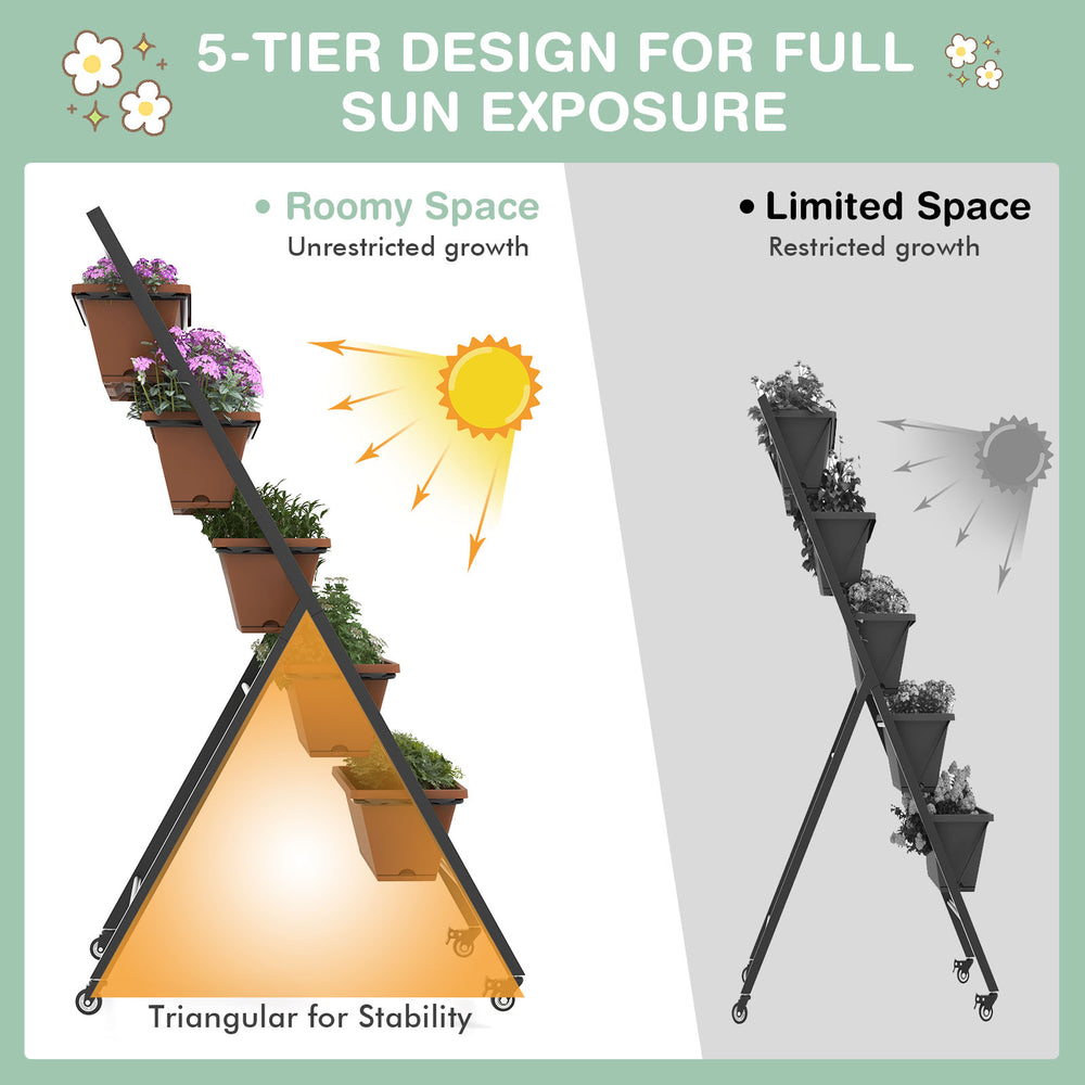 5-tier vertical raised garden bed with wheels, made of durable PP material, ideal for indoor or outdoor plant.