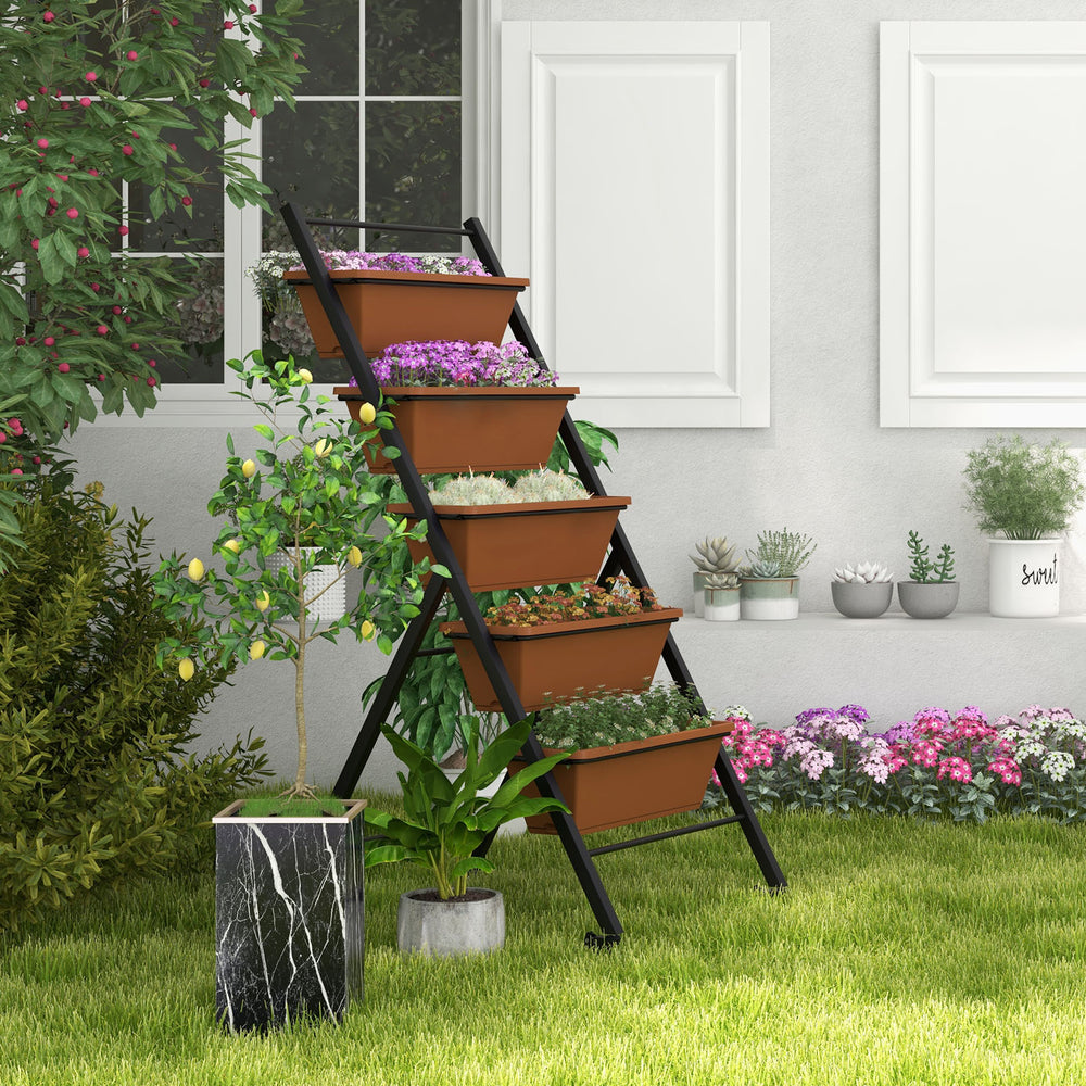 5-tier vertical raised garden bed with brown planter boxes, durable metal frame, and wheels for easy mobility in any.