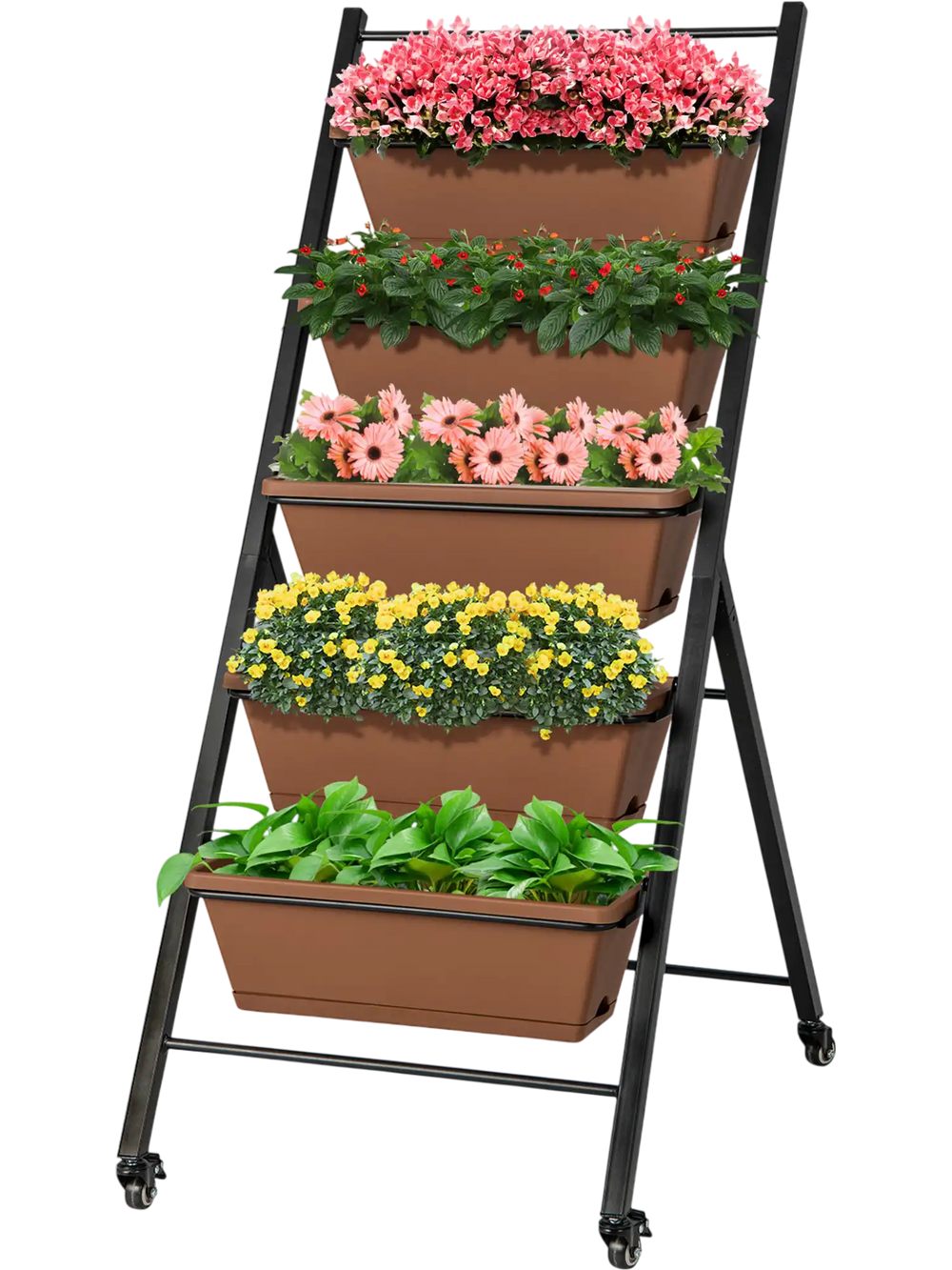 5-tier vertical raised garden bed with brown planter boxes and wheels, ideal for indoor or outdoor gardening.