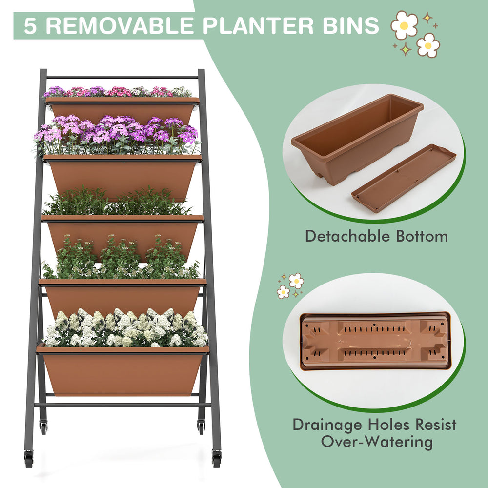 5-tier vertical raised garden bed with wheels, brown planter boxes, featuring drainage holes for optimal plant growth.