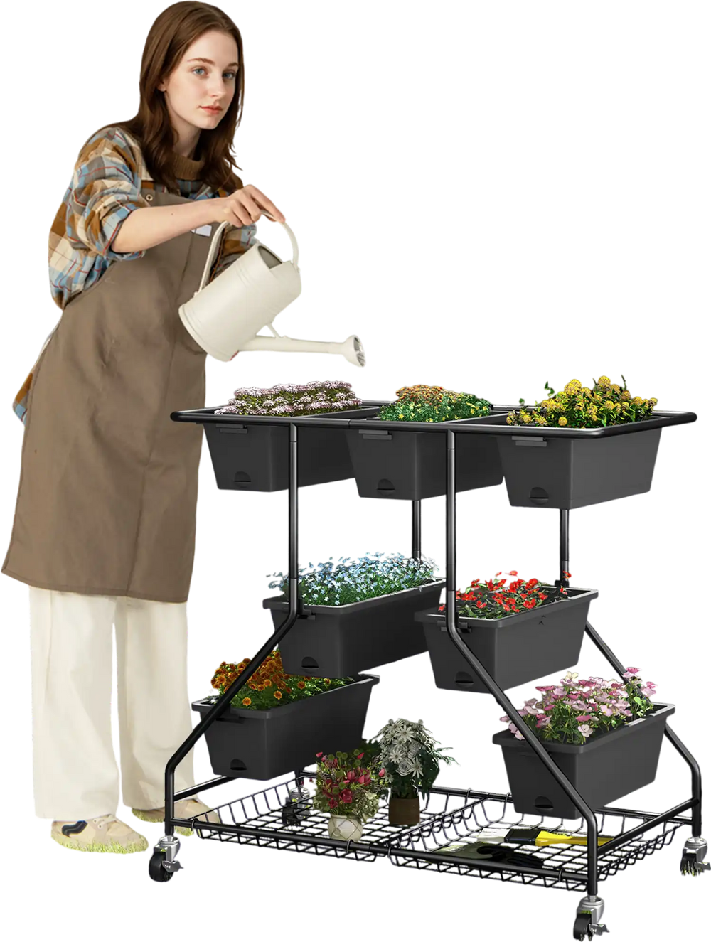 Vertical raised garden bed in black with 7 planter boxes and storage baskets, ideal for outdoor gardening.