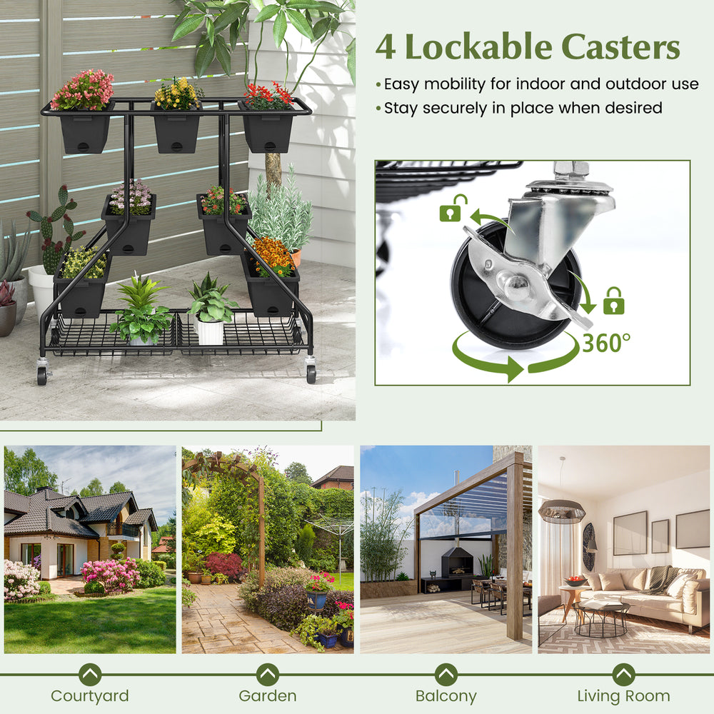 Vertical raised garden bed in black with 7 planter boxes and 4 lockable casters for easy mobility and secure placement.