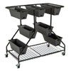 Vertical raised garden bed with 7 black planter boxes and 2 storage baskets on wheels for easy mobility and drainage.