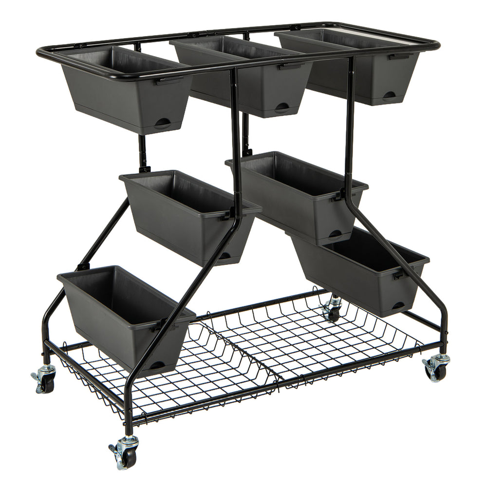 Vertical raised garden bed with 7 black planter boxes and 2 storage baskets on wheels for easy mobility and drainage.