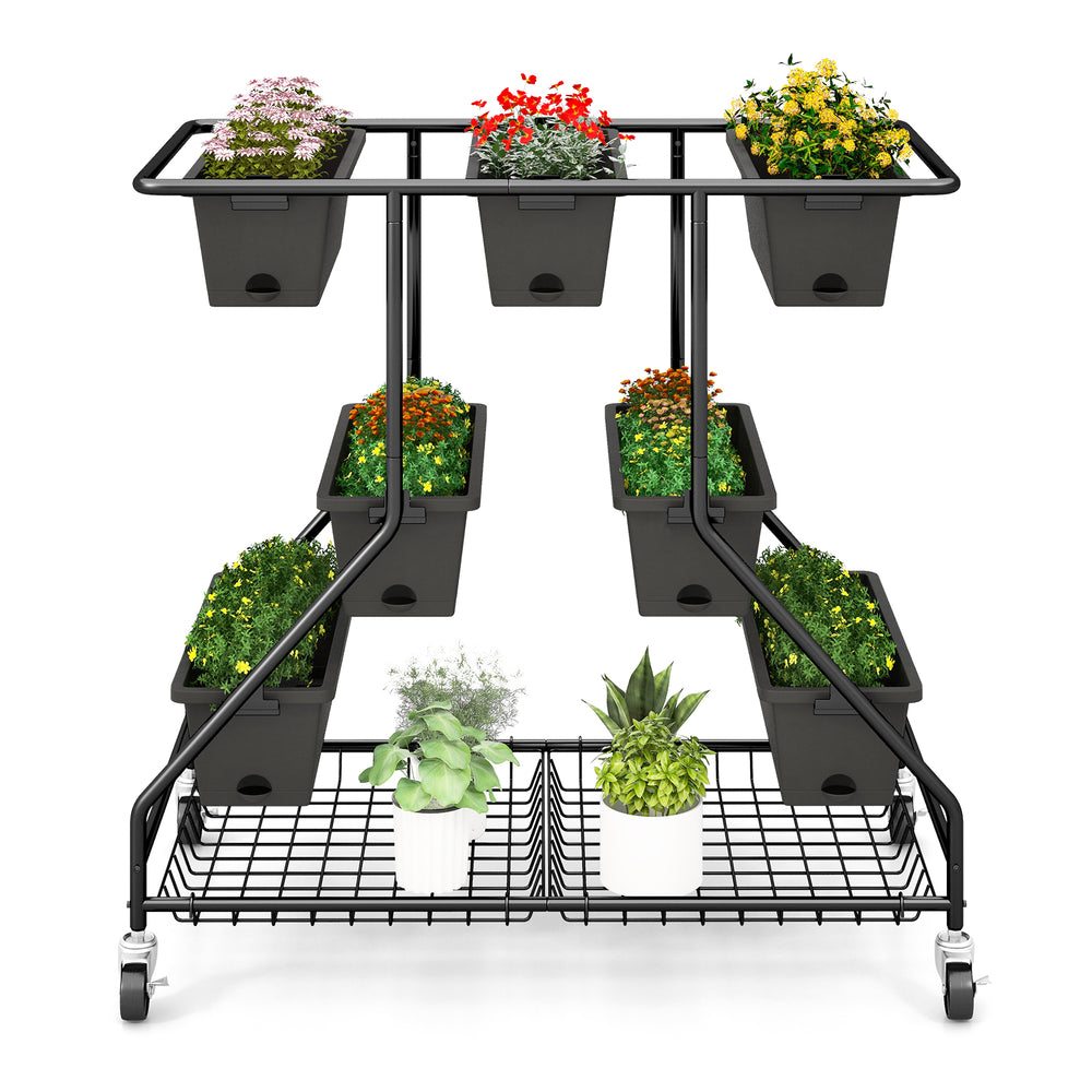 Vertical raised garden bed in black with 7 planter boxes and 2 storage baskets, ideal for outdoor plant display.