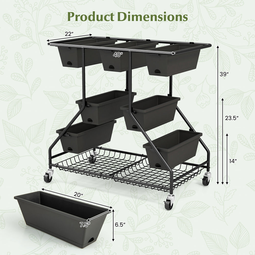Vertical raised garden bed with 7 black planter boxes and 2 storage baskets, featuring product dimensions and caster.