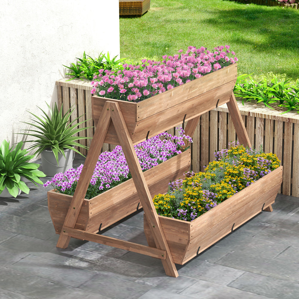 A-side view of a vertical raised garden bed with three wooden planter boxes made of fir wood, perfect for cultivating.