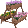 A vertical raised garden bed with three sturdy wooden planter boxes, showcasing vibrant flowers for optimal gardening.