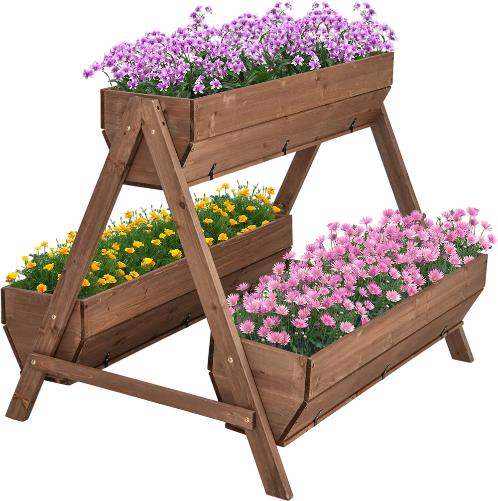 A vertical raised garden bed with three sturdy wooden planter boxes, showcasing vibrant flowers for optimal gardening.