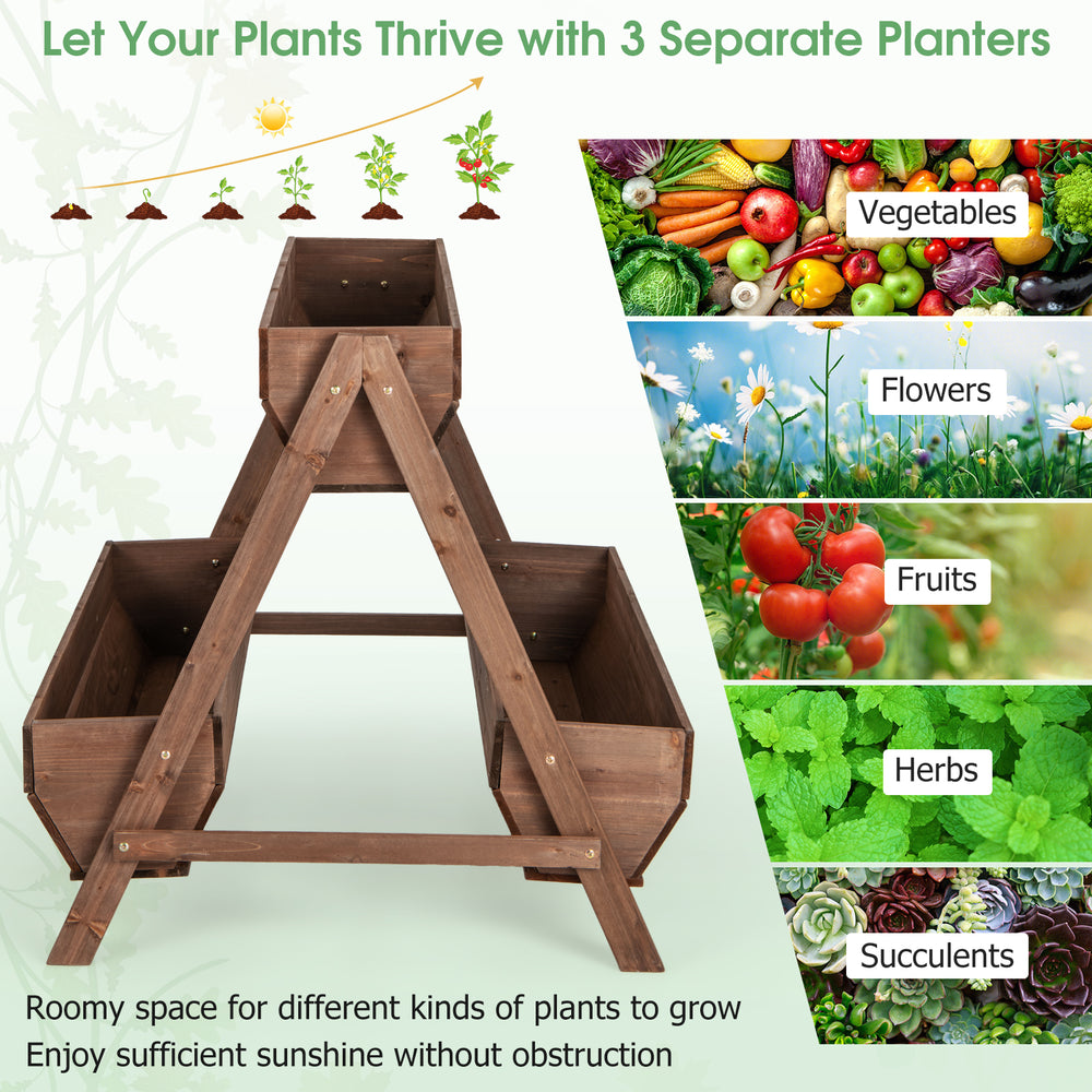 Vertical raised garden bed with 3 wooden planter boxes for growing flowers, herbs, and vegetables with optimal sunlight.