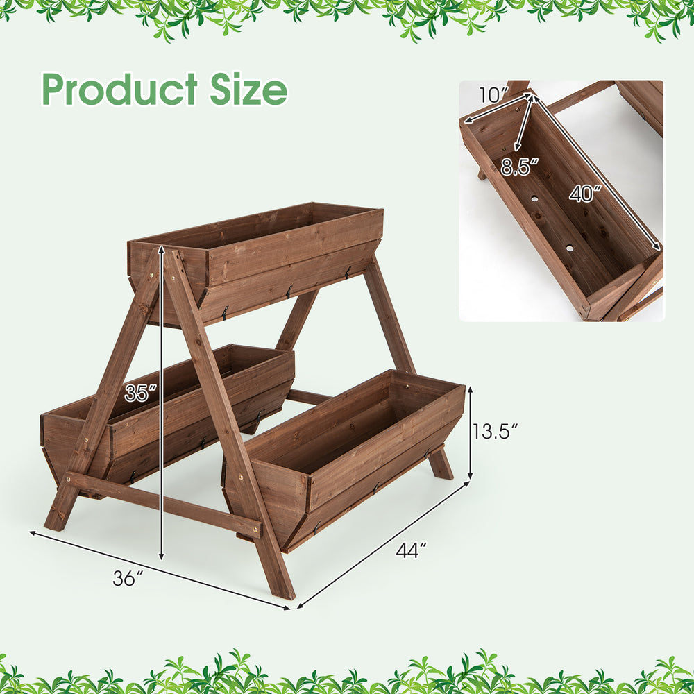 Vertical raised garden bed with 3 wooden planter boxes, made of fir wood, ideal for growing diverse plants outdoors.