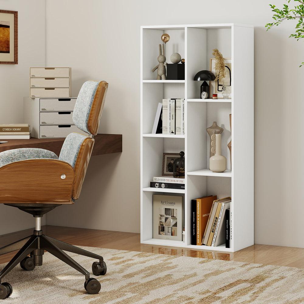 Freestanding white bookshelf with 7 compartments, perfect for storing books and displaying decor in any room layout.